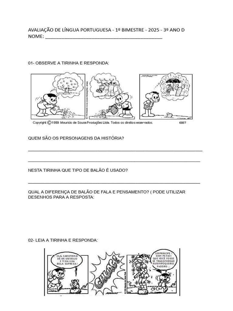 Avaliação de Língua Portuguesa - 1º Bimestre - 2025 - 3º Ano D | PDF
