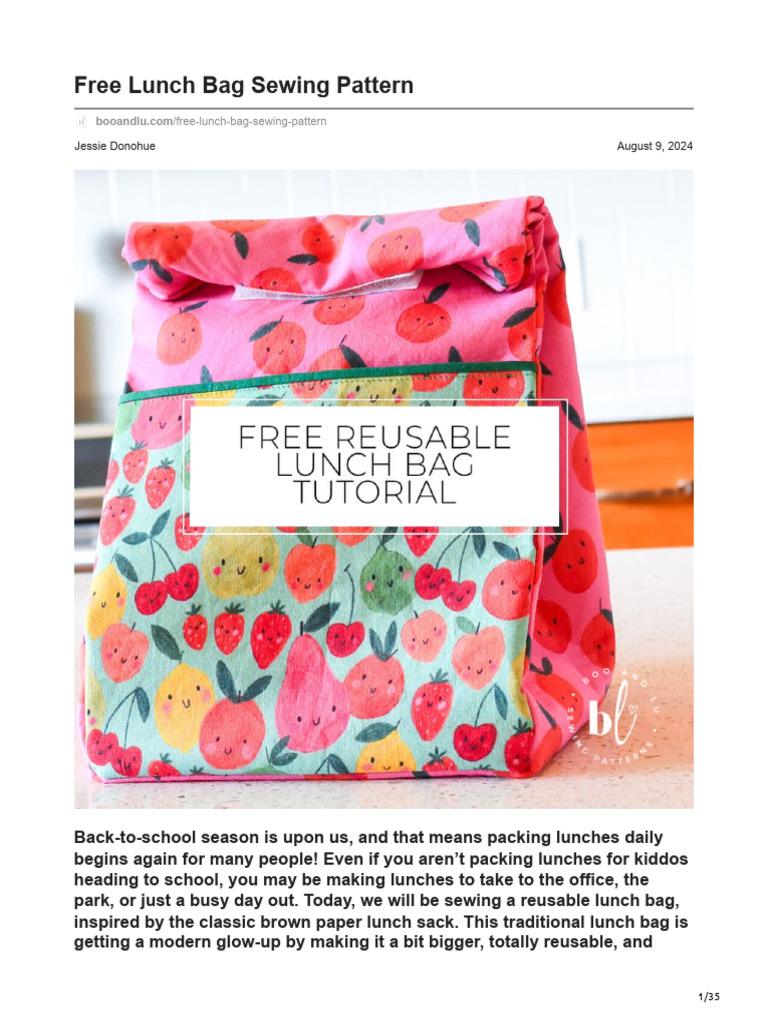 Free Reusable Lunch Bag Pattern | PDF | Seam (Sewing) | Sewing