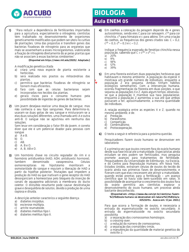 Questões de Biologia para o ENEM | PDF | Sangue | Bactérias