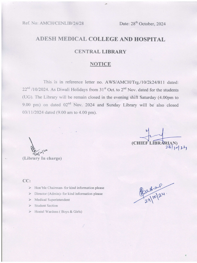 Library Closure Notice for Diwali Holidays | PDF