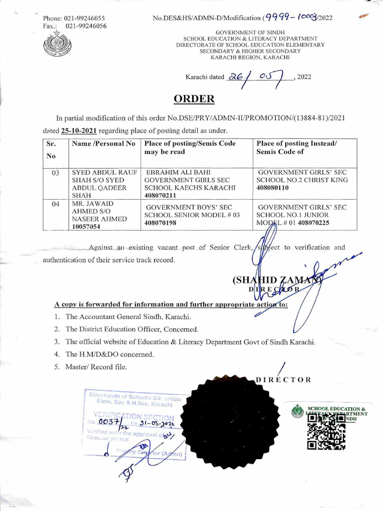 Order For Modification The Place of Posting in Respect of MR Syed Abdul ...