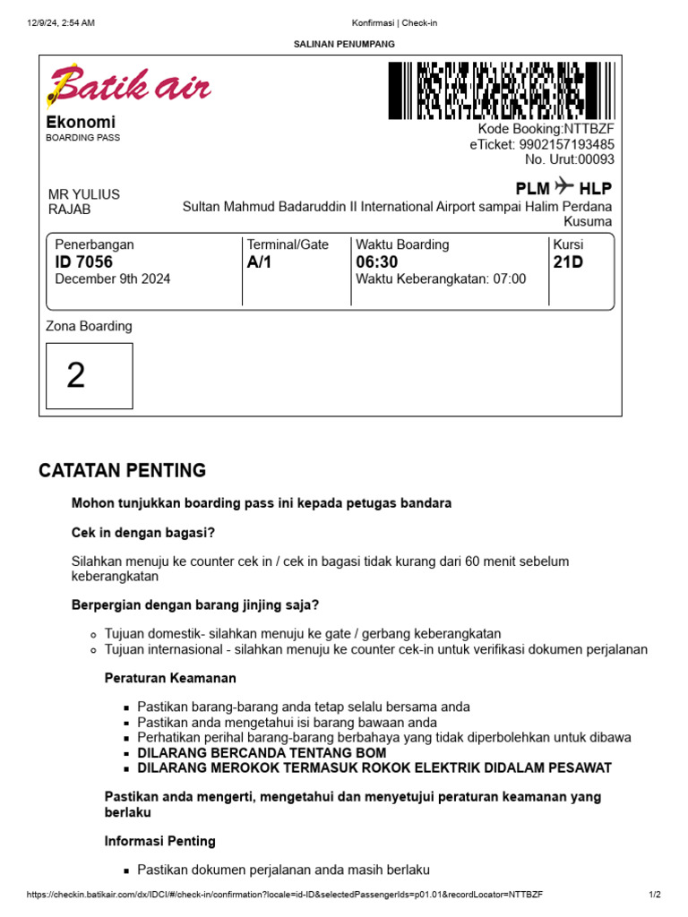 Boarding Pass Penerbangan ID 7056 | PDF