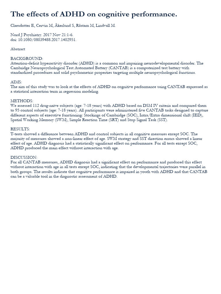 ADHD's Impact on Cognitive Performance | PDF
