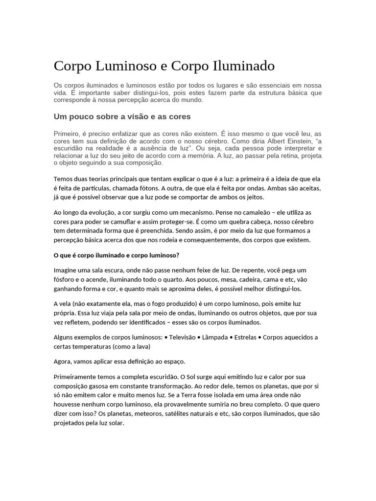 Diferença entre Corpos Luminosos e Iluminados | PDF | Cor | Luz