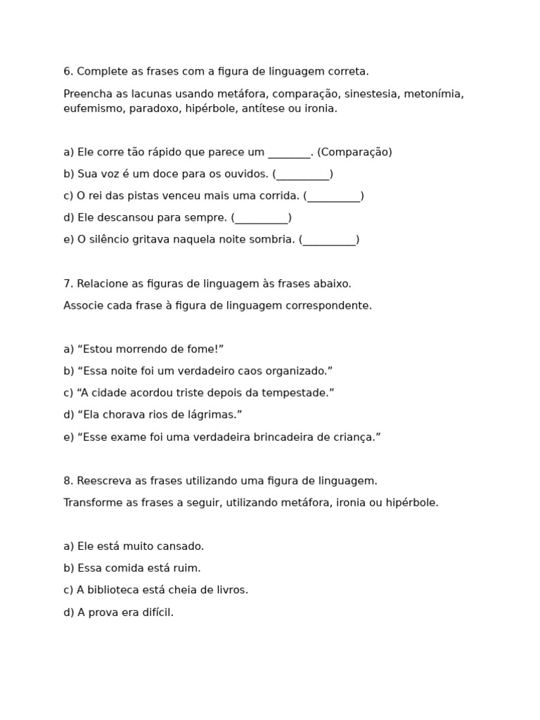 Figuras de Linguagem: Exercícios e Gabarito | PDF | Metáfora