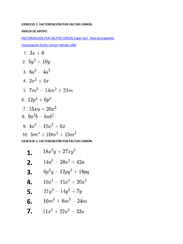 Factorización por Factor Común: Ejercicios y Videos | PDF