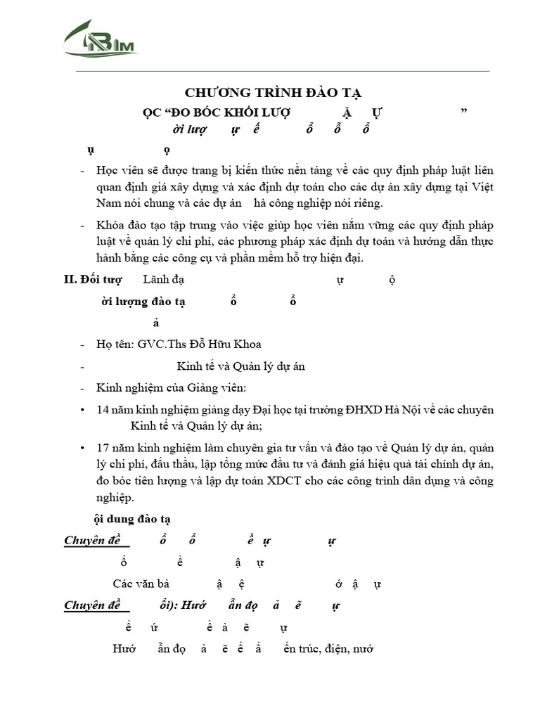 #2. de Cuong Khoa Hoc Do Boc Khoi Luong Va Lap DT XDCT (12 Buoi) | PDF