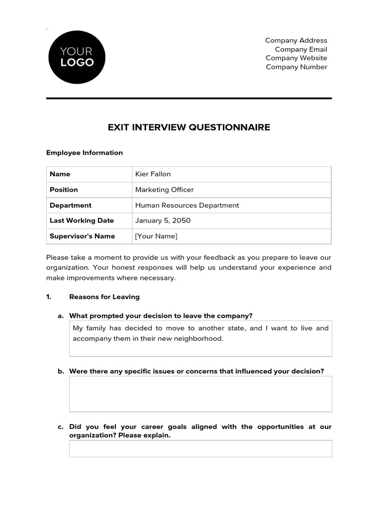 Exit Interview Questionnaire HR Template | PDF | Employment ...
