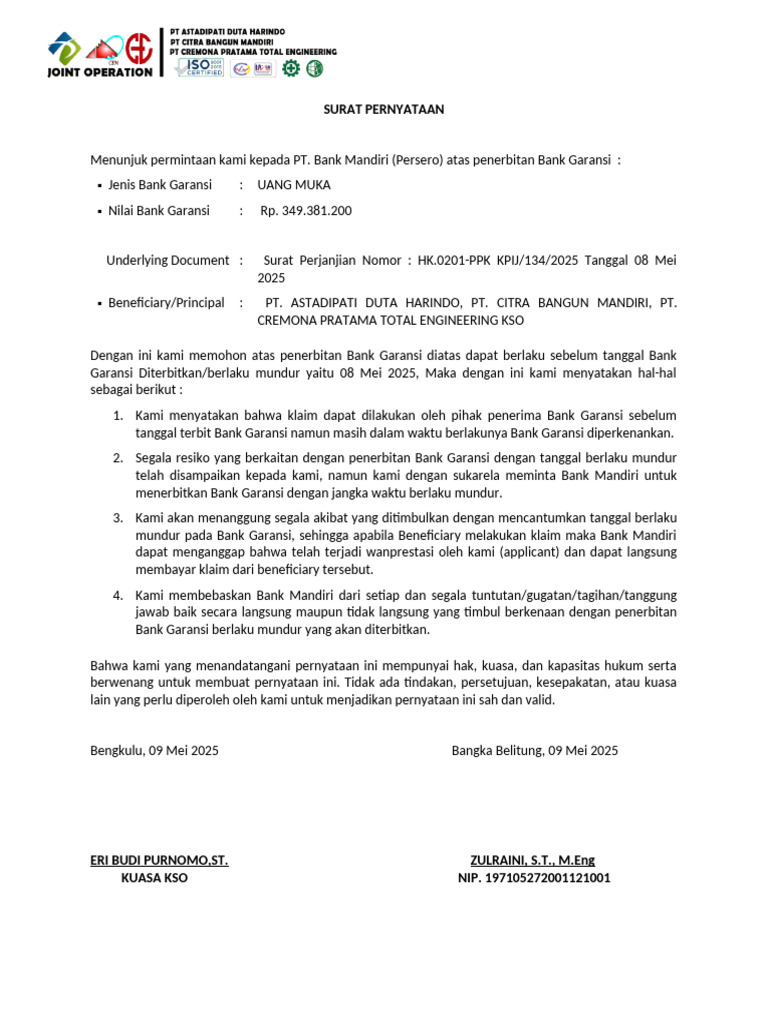 Surat Pernyataan Backdate Bank Garansi | PDF
