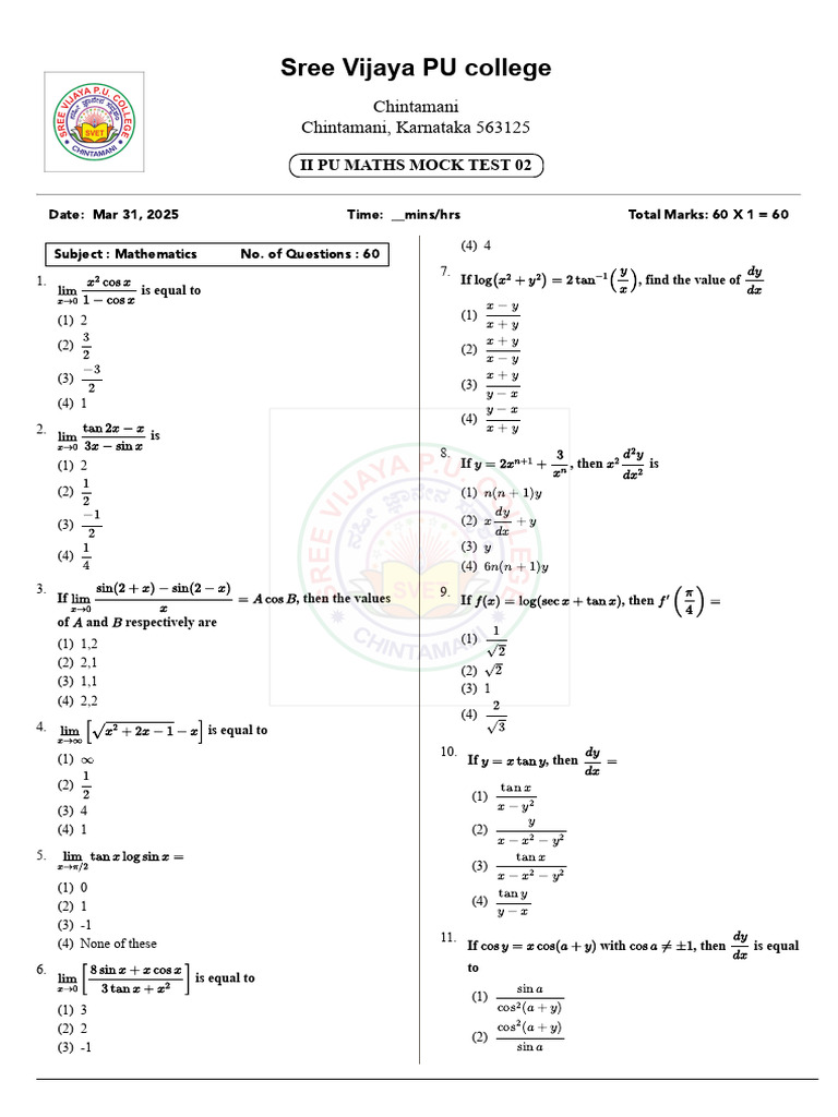 II PU Maths Mock Test 02 | PDF | Trigonometry | Elementary Mathematics