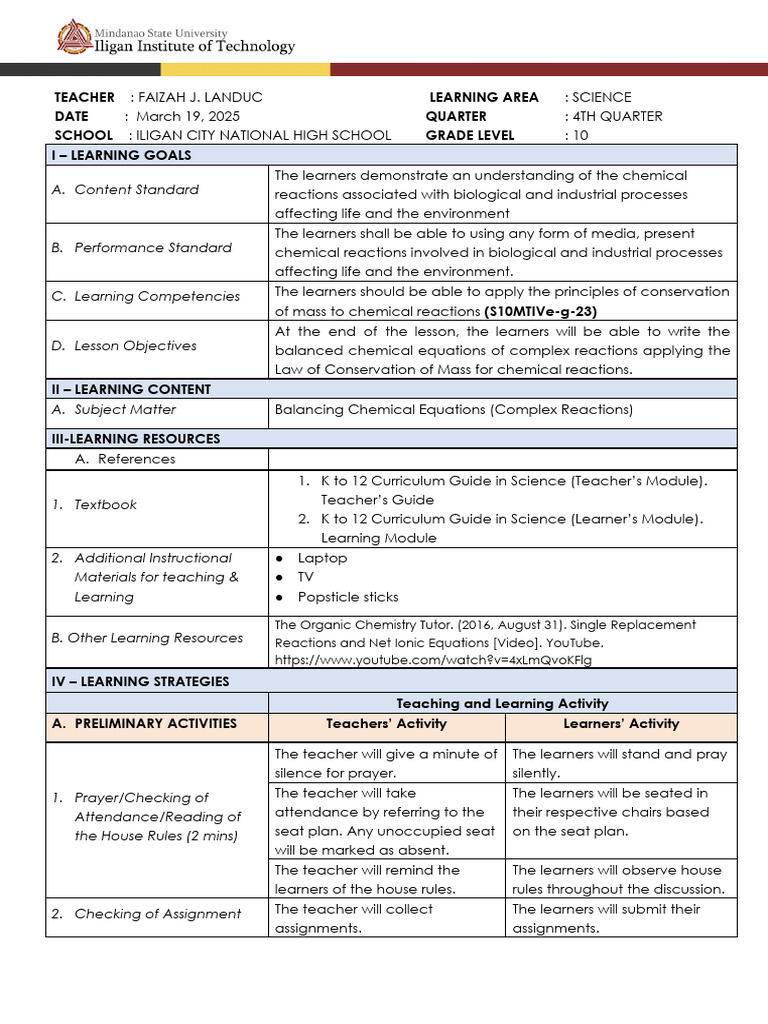 Balancing Chemical Equations Lesson Plan | PDF | Smoothie | Chemistry