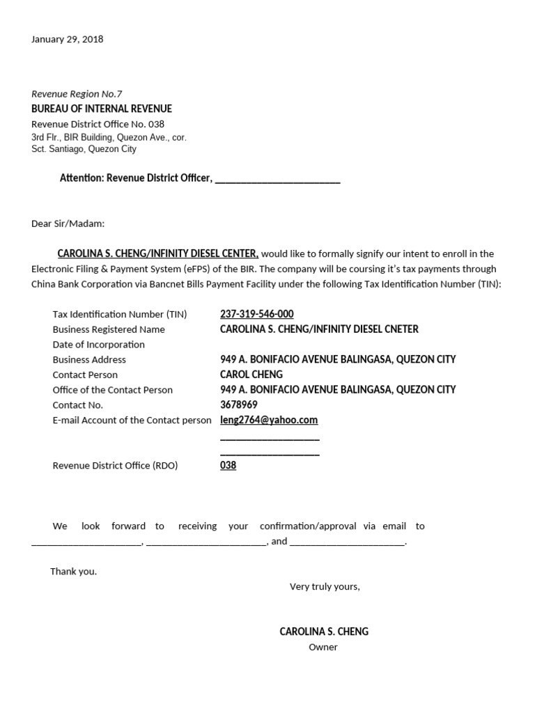 BIR Letter of Intent - INFINITY | PDF