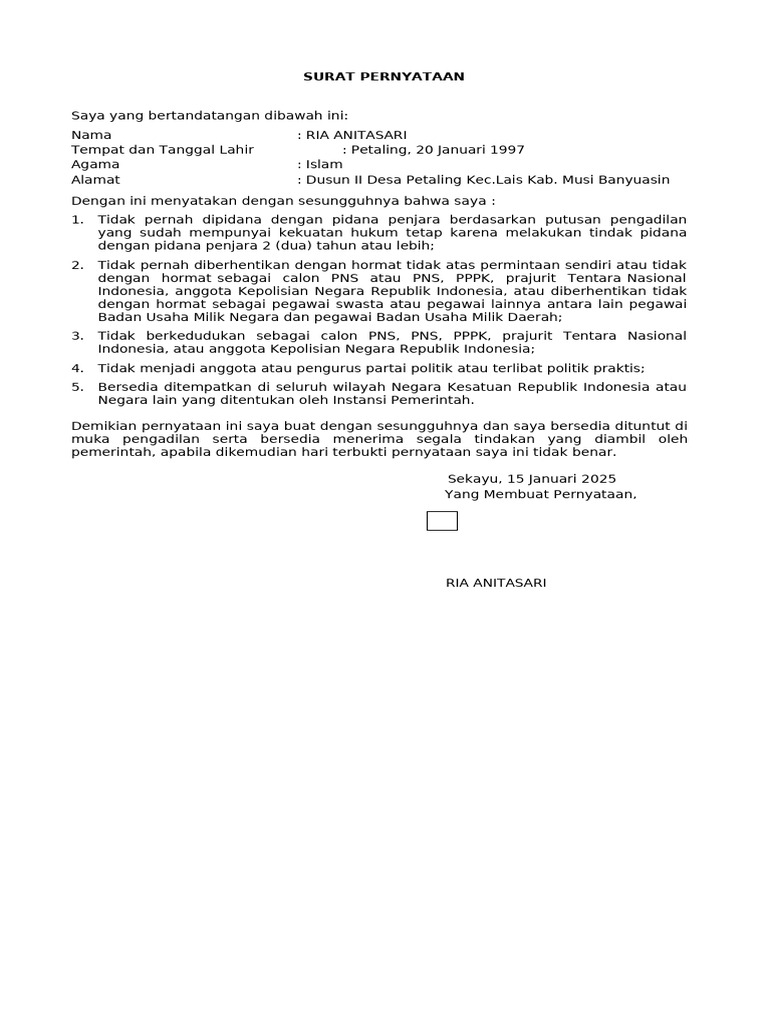 Contoh Format Surat Pernyataan | PDF