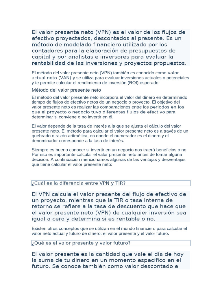 El valor presente neto | PDF | Tasa interna de retorno | Valor presente ...