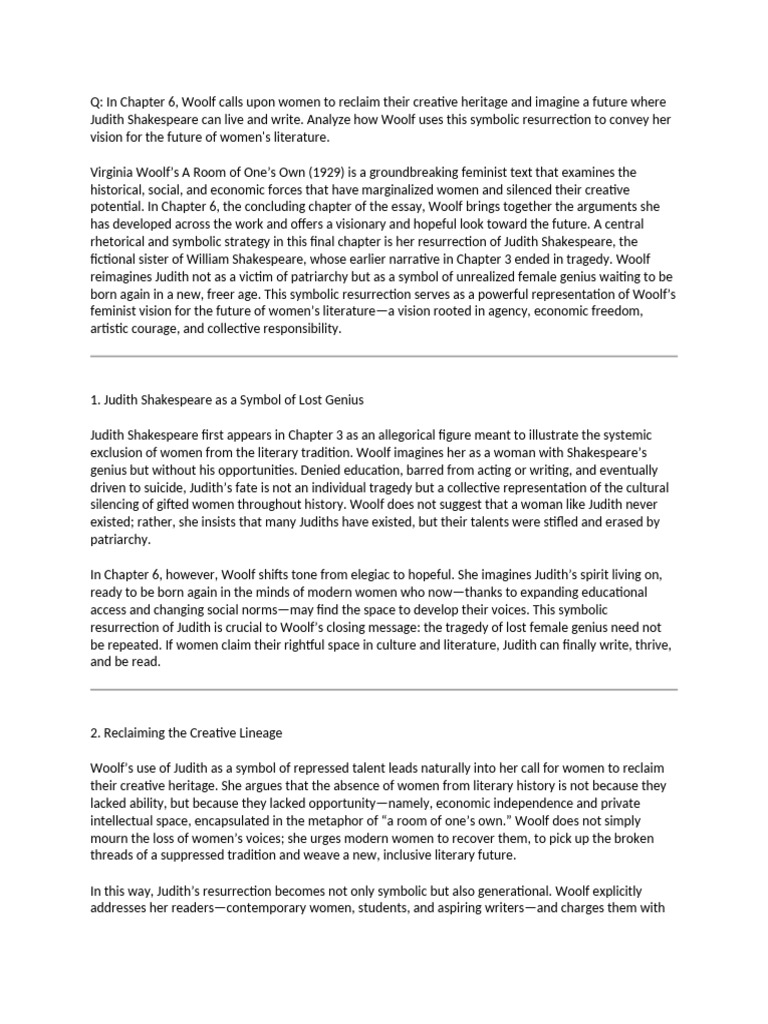 Woolf's Vision: Resurrecting Judith Shakespeare | PDF | A Room Of One's ...