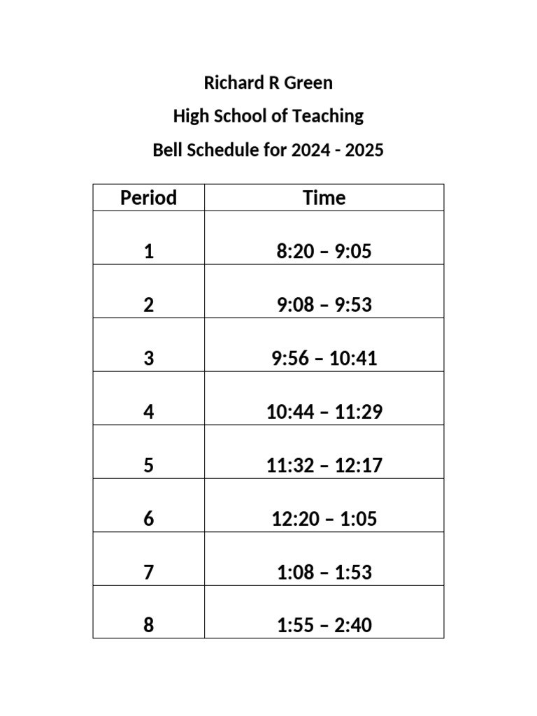 Richard R Green High School Bell Schedule | PDF