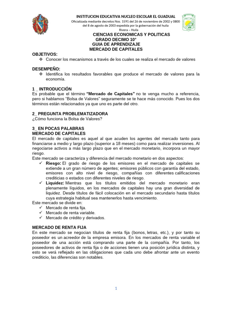 Guía de Aprendizaje: Mercado de Capitales | PDF | Bolsa | Mercado ...