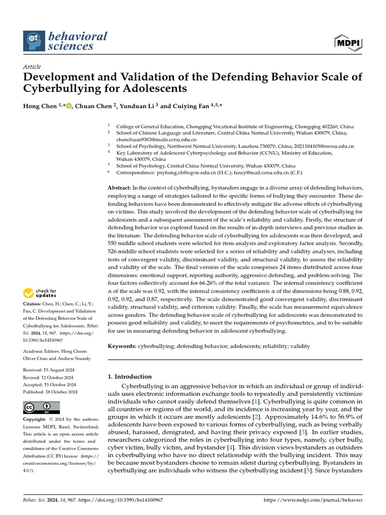 Cyberbullying Defending Behavior Scale Validation | PDF | Bullying ...