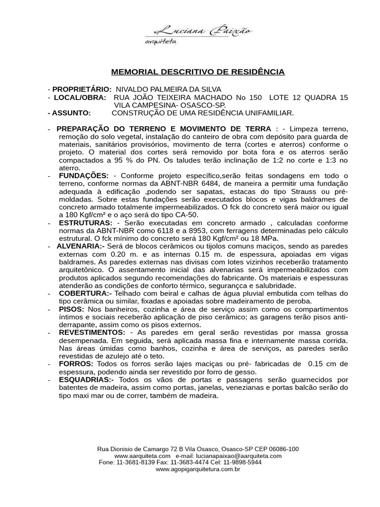 Memorial Descritivo de Residência Unifamiliar | PDF | Concreto ...