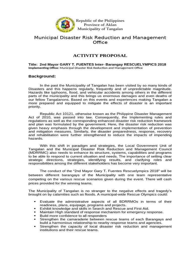 Rescuelympics 2018 Proposal Tangalan | PDF | Disaster Risk Reduction ...