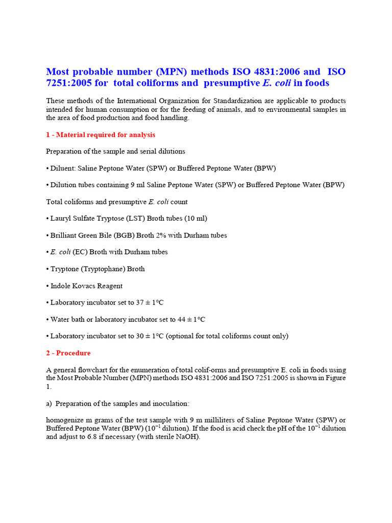 MPN Methods for Coliforms & E. coli Testing | PDF