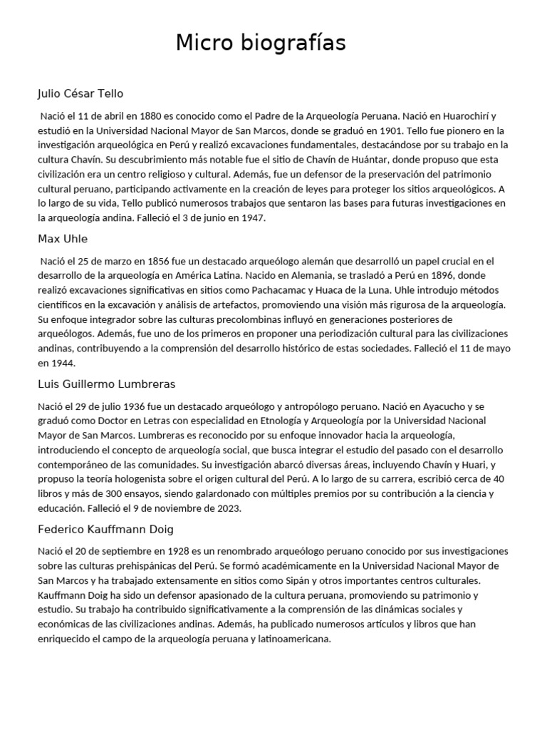 Micro Biografias de Julio.C.Tello, Max Uhle, Luis Guillermo.... | PDF ...