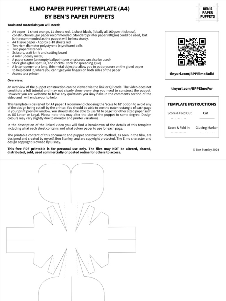 Ben's Paper Puppets - Elmo Paper Puppet Template © Ben Stanley 2024 | PDF