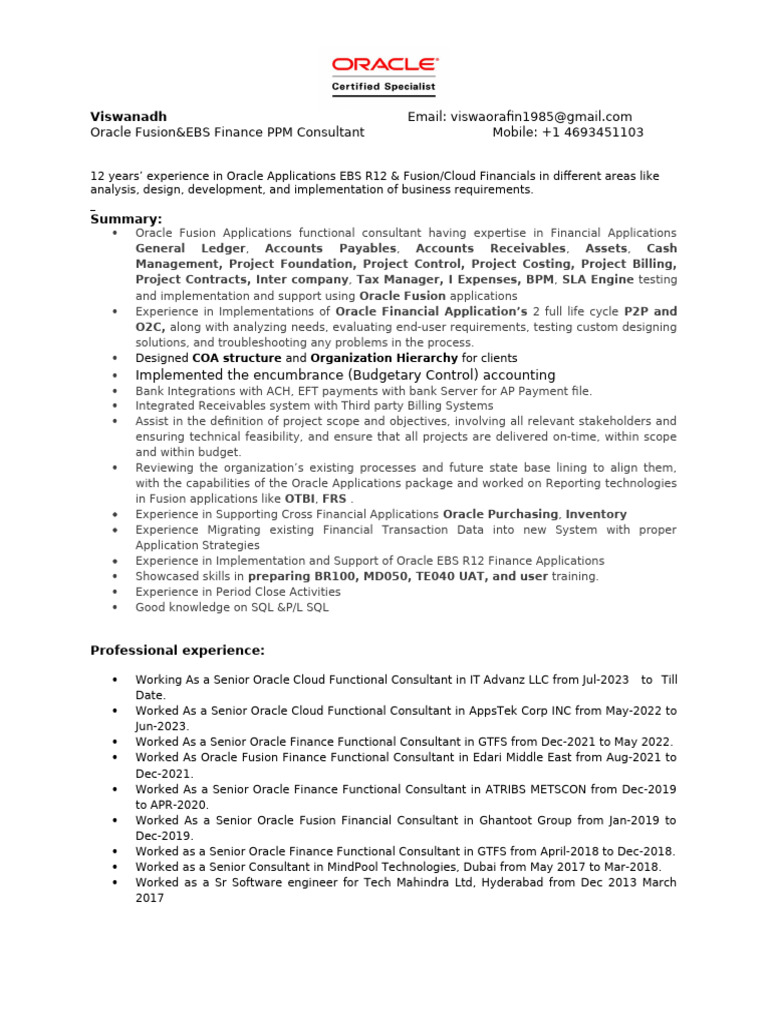Oracle Fusion Finance Consultant Profile | PDF | Accounts Payable ...