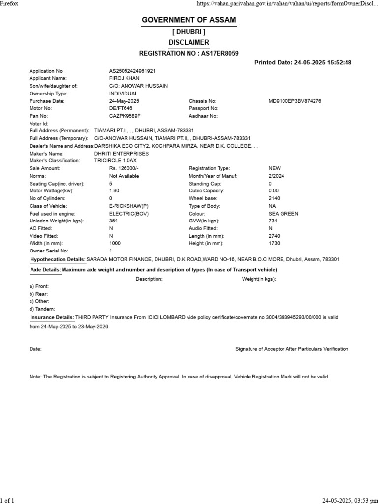 Dhubri E-Rickshaw Registration Certificate | PDF | Vehicles | Wheeled ...