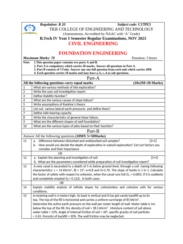 Foundation Engineering Exam Paper - Nov 2023 | PDF | Civil Engineering ...