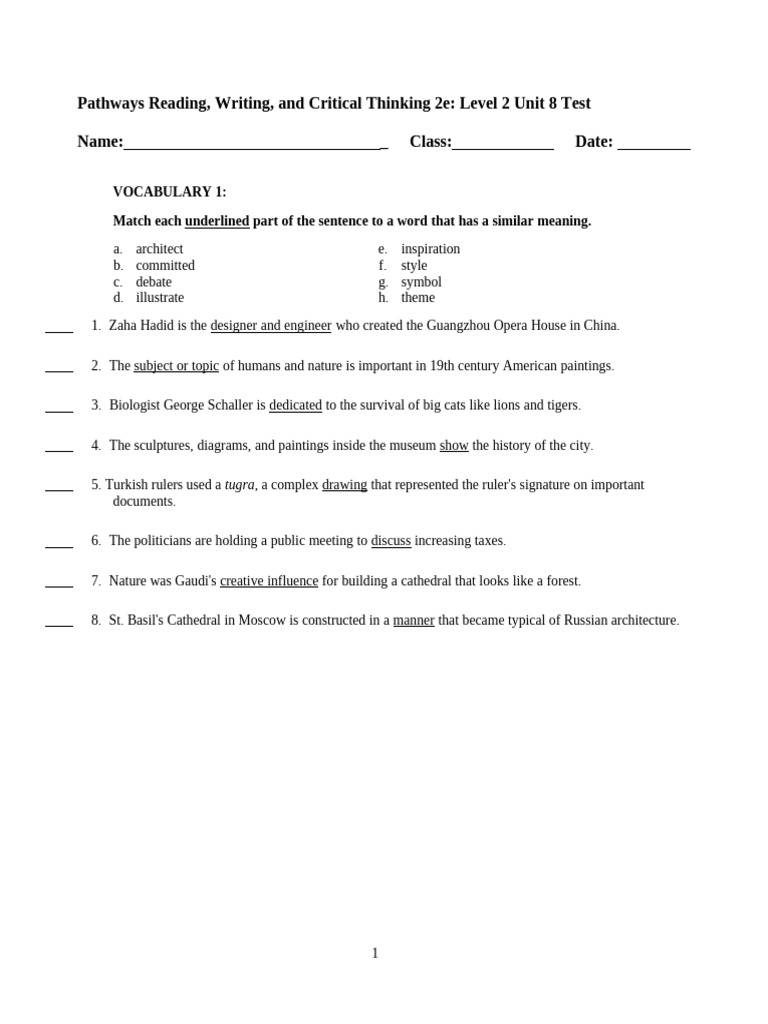 Pathways Level 2 Unit 8 Test Guide | PDF
