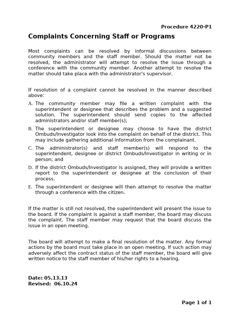 4220-P1 Complaints Concerning Staff or Programs | PDF