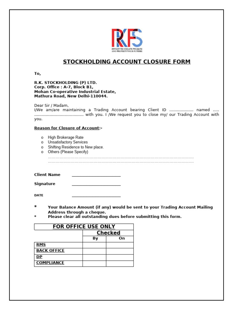 Stockholding Account Closure Request Form | PDF