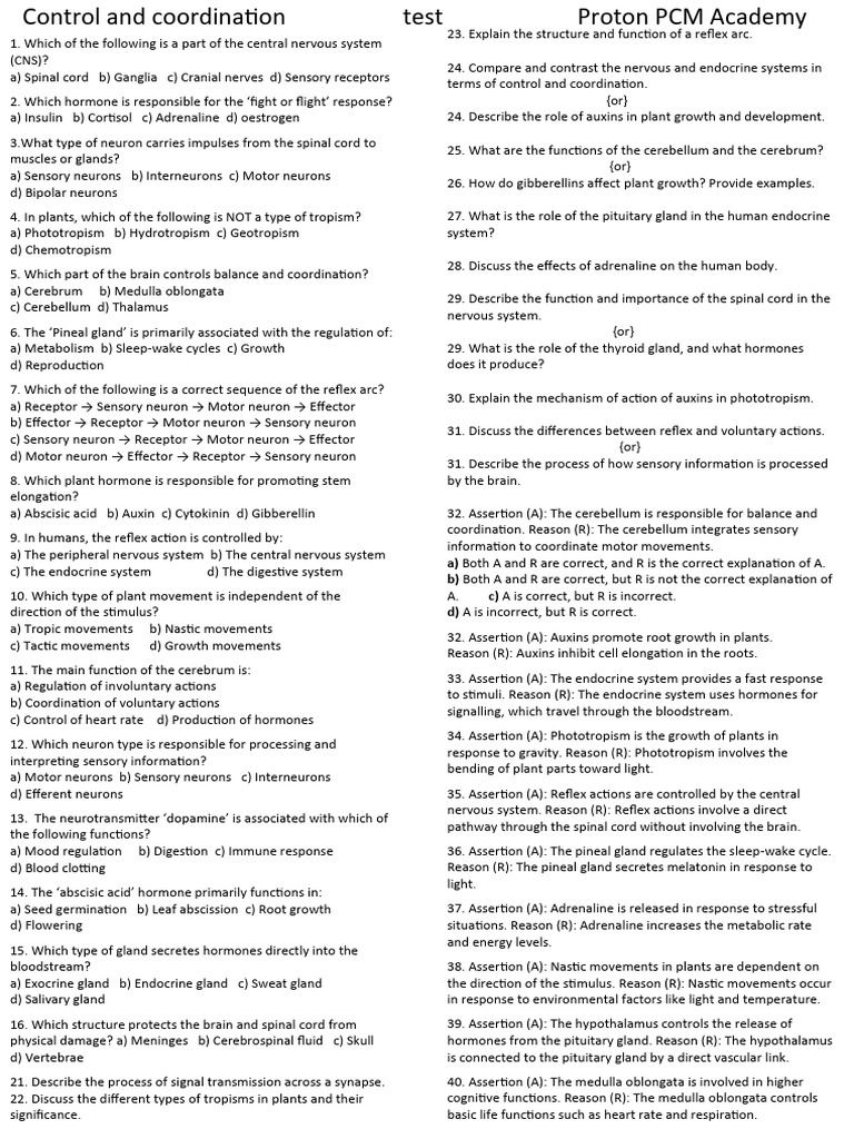 10th Control and Co Test | PDF | Central Nervous System | Hormone
