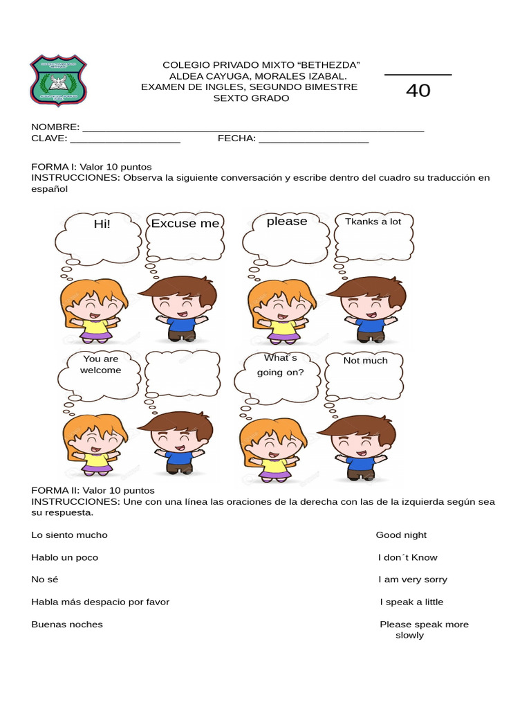 Examen de Inglés para Sexto Grado | PDF