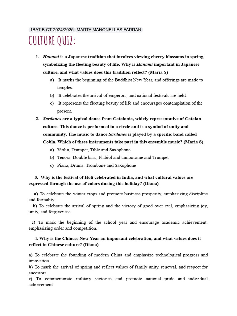 Global Cultural Traditions Quiz | PDF