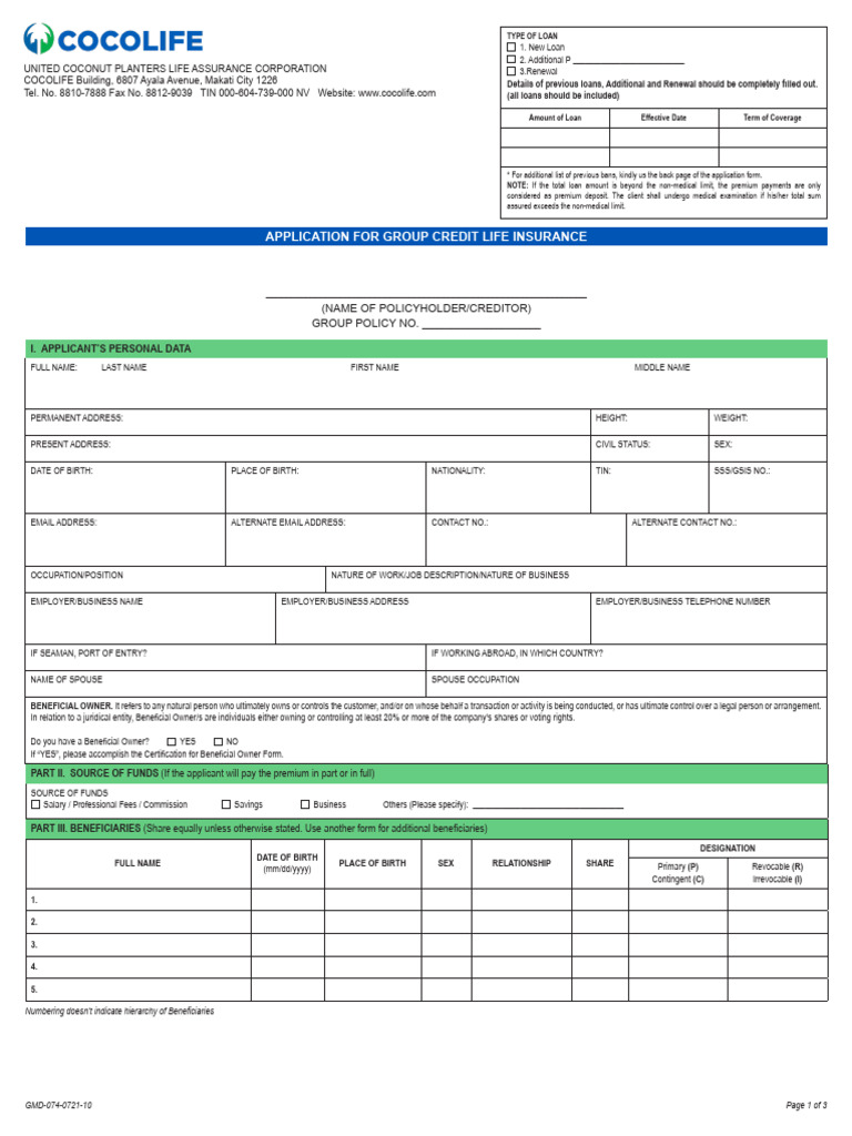 Cocolife Group Credit Life Insurance Application | PDF | Insurance ...