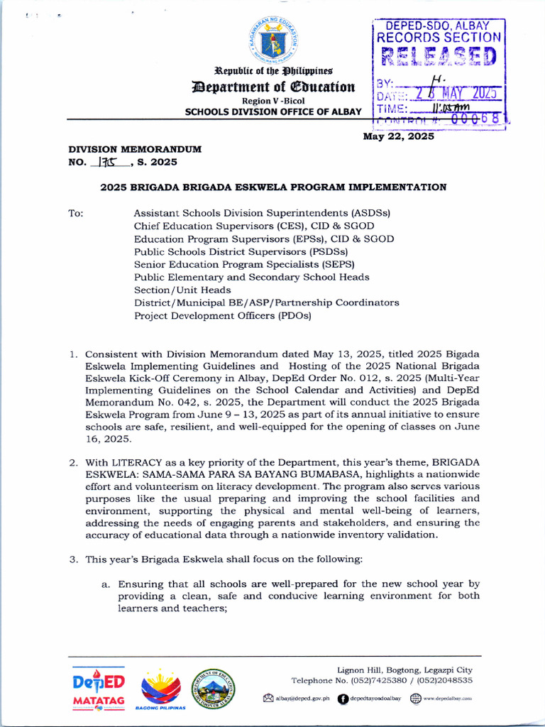 DM 175 S. 2025 2025 Brigada Eskwela Program Implementation | PDF