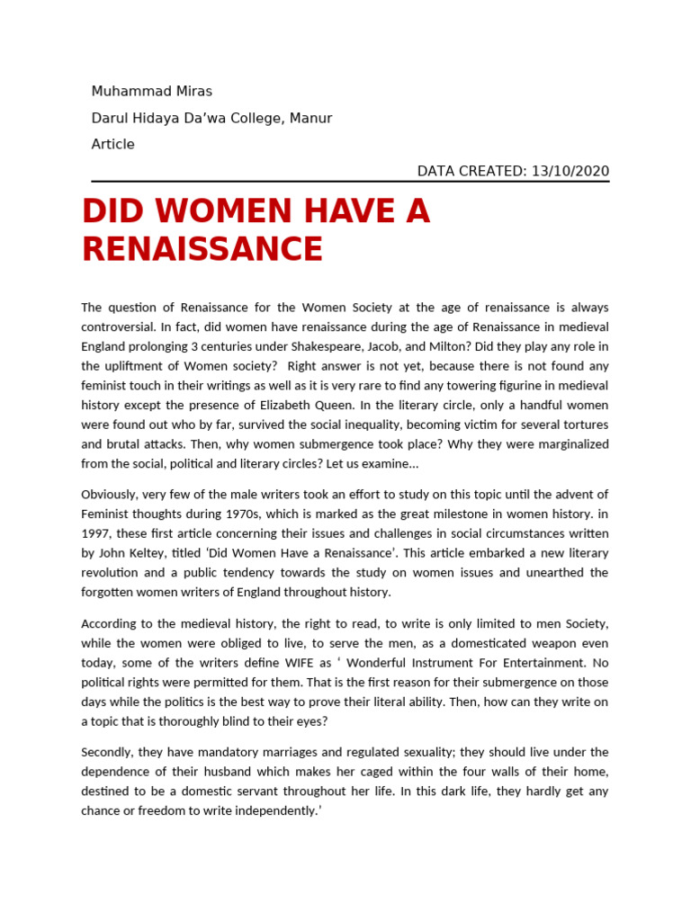 Women's Role in the Renaissance Debate | PDF | Feminism | Gender Studies