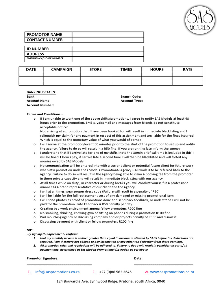 SAS Models Promotion Agreement Form | PDF | Taxes | Payments