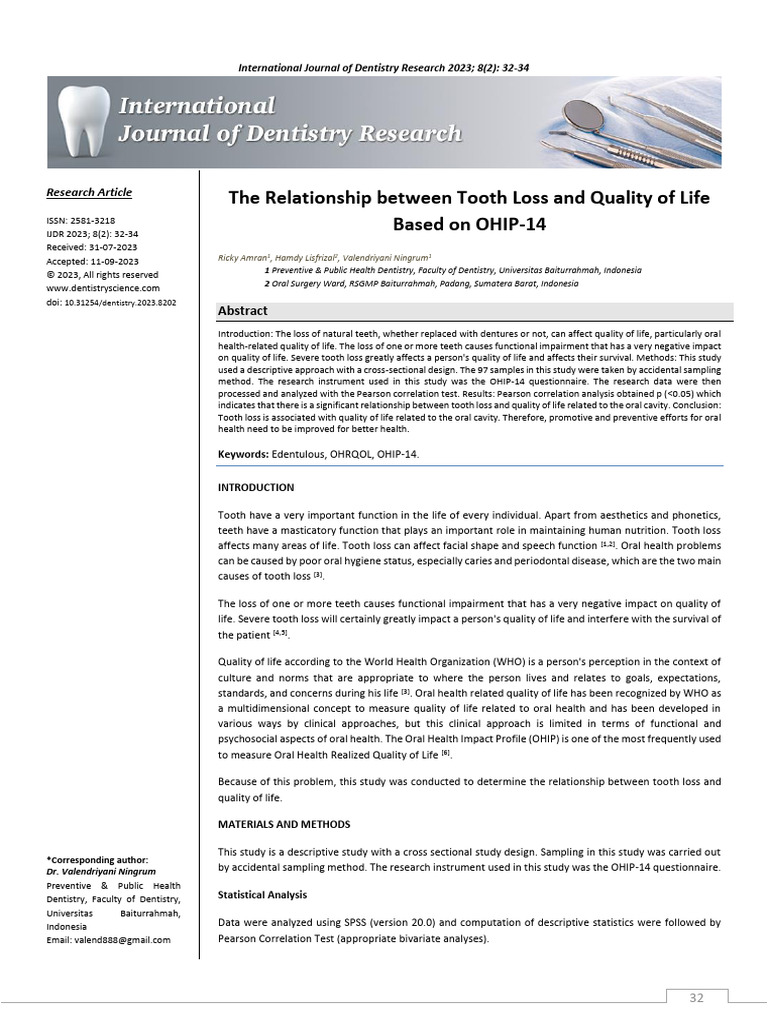 Relationship Between Tooth Loss and Quality of Life | PDF | Human Tooth ...