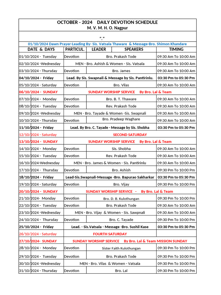 October 2024 Daily Devotion Schedule | PDF | Christian Worship And ...