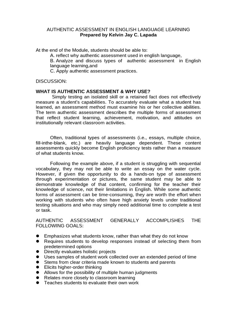 Authentic Assessment in English Learning | PDF | Educational Assessment ...