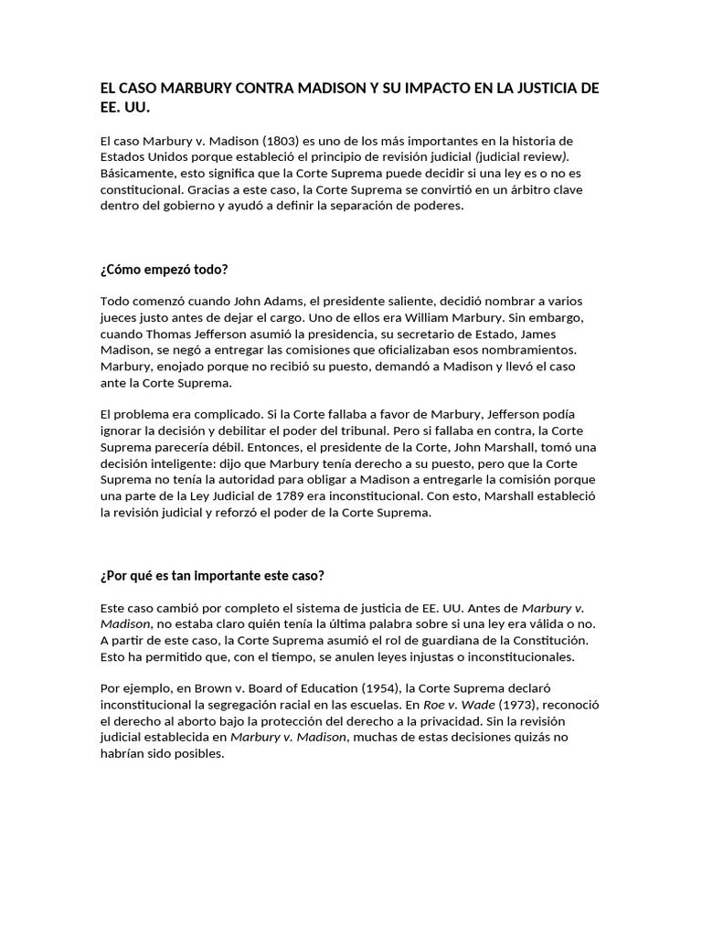 Marbury v. Madison: Revisión Judicial en EE. UU. | PDF | Tribunal ...