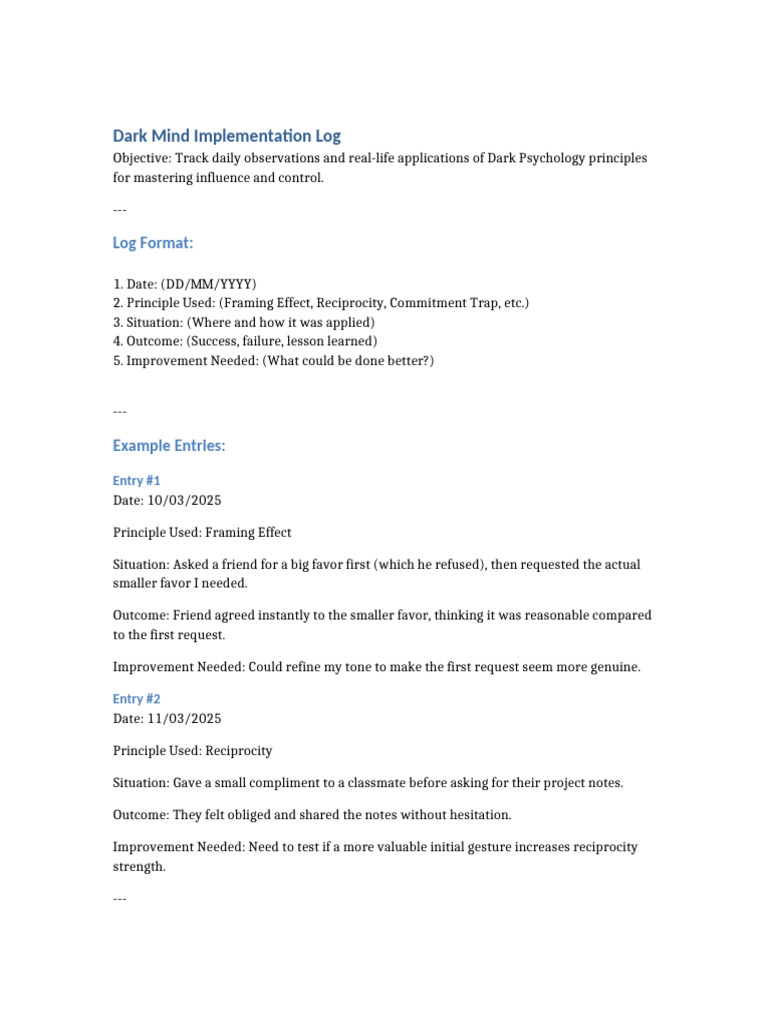 Dark Psychology Application Log | PDF