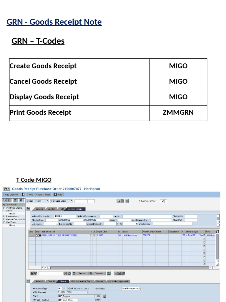 GRN T-Codes and Procedures in SAP | PDF