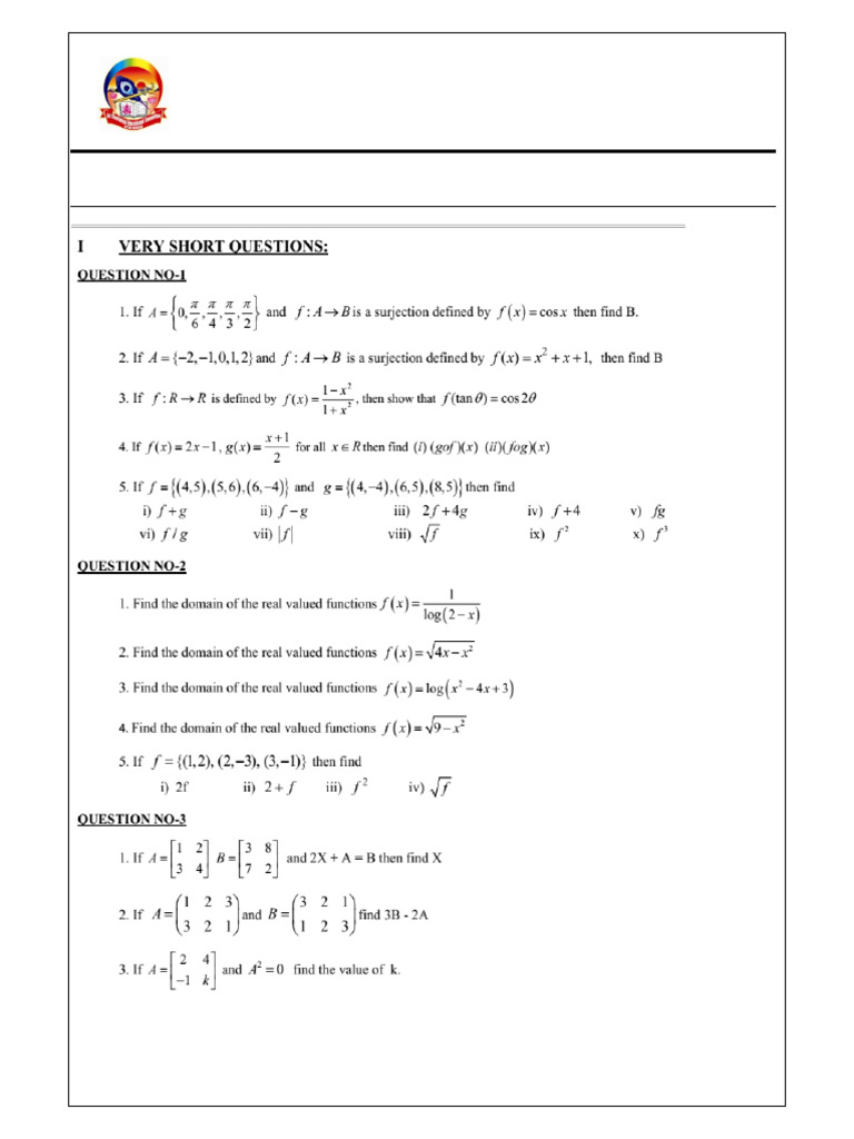 JR - Maths Ia - Imp Questions - 11-01-2024 | PDF