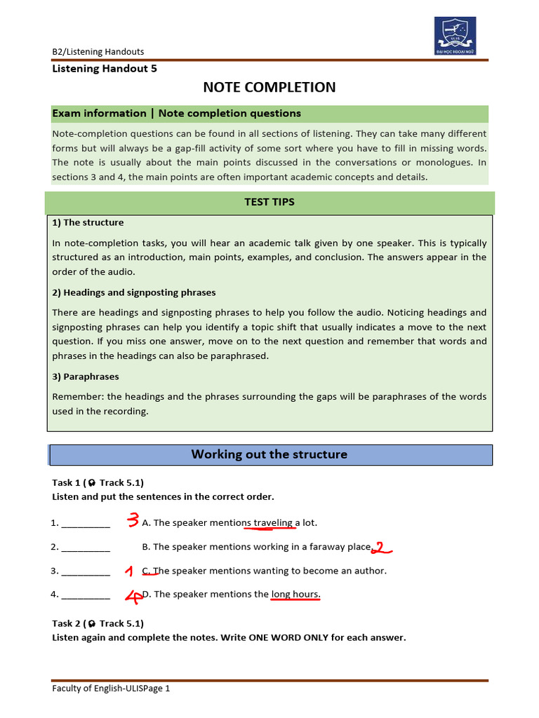 TAB2 - Listening - Handout 5 - Note Completion | PDF | Human Communication