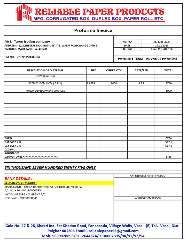 Proforma Invoice for Reliable Paper Product | PDF