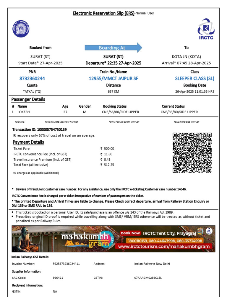 12955 Jaipur SF Train Booking Details | PDF | Identity Document | Payments
